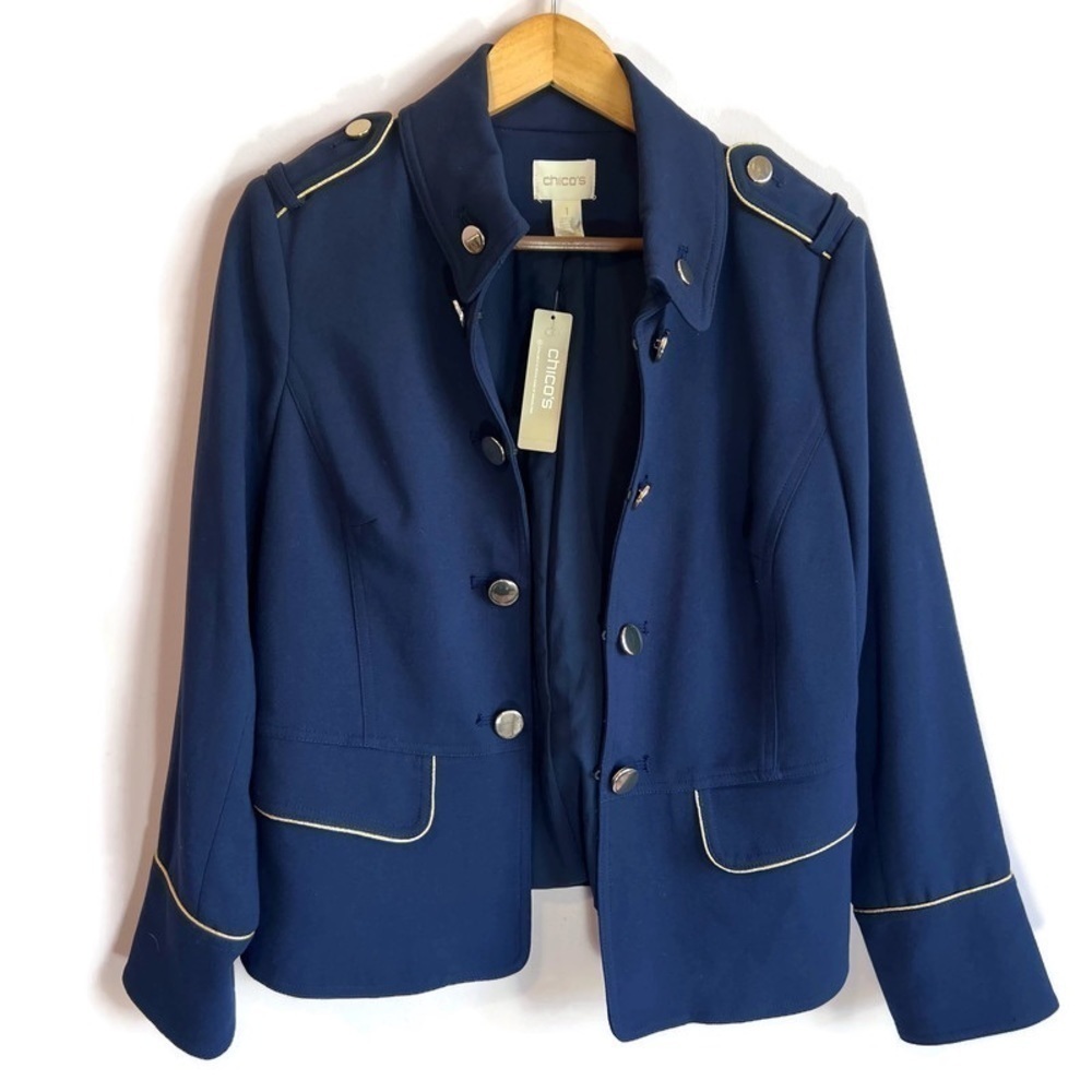 CHICOS NWT Long Sleeve Navy and Gold Military Structured Jacket Size 1 Medium